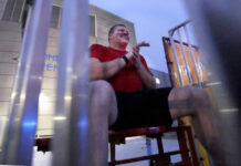 
			
				                                Sergeant Lee Dudick was the first volunteer to sit in the dunk tank outside the Mohegan Sun Arena on Friday.
                                 Fred Adams | For Sunday Dispatch

			
		