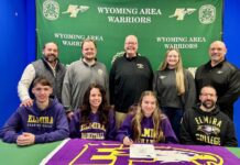 
			
				                                Wyoming Area senior Krea Bonita has committed to Elmira College to continue her academic and athletic careers as a basketball player at the National Collegiate Athletic Association Division III school. As a senior, Bonita was Wyoming Area’s second-leading scorer at 5.9 points per game and most accurate 3-point shooter at 29%. She was also second on the team in overall field goal percentage and assists. From left, first row: Caden Bonita, brother; Jennifer Bonita, mother; Krea Bonita; and Mike Bonita, father. Second row: Joe Pizano, Wyoming Area athletic director; Drew Casper, assistant coach; Mark Casper, head coach; Liz Waleski, assistant coach; and Eric Speece, principal.
                                 Submitted Photo

			
		